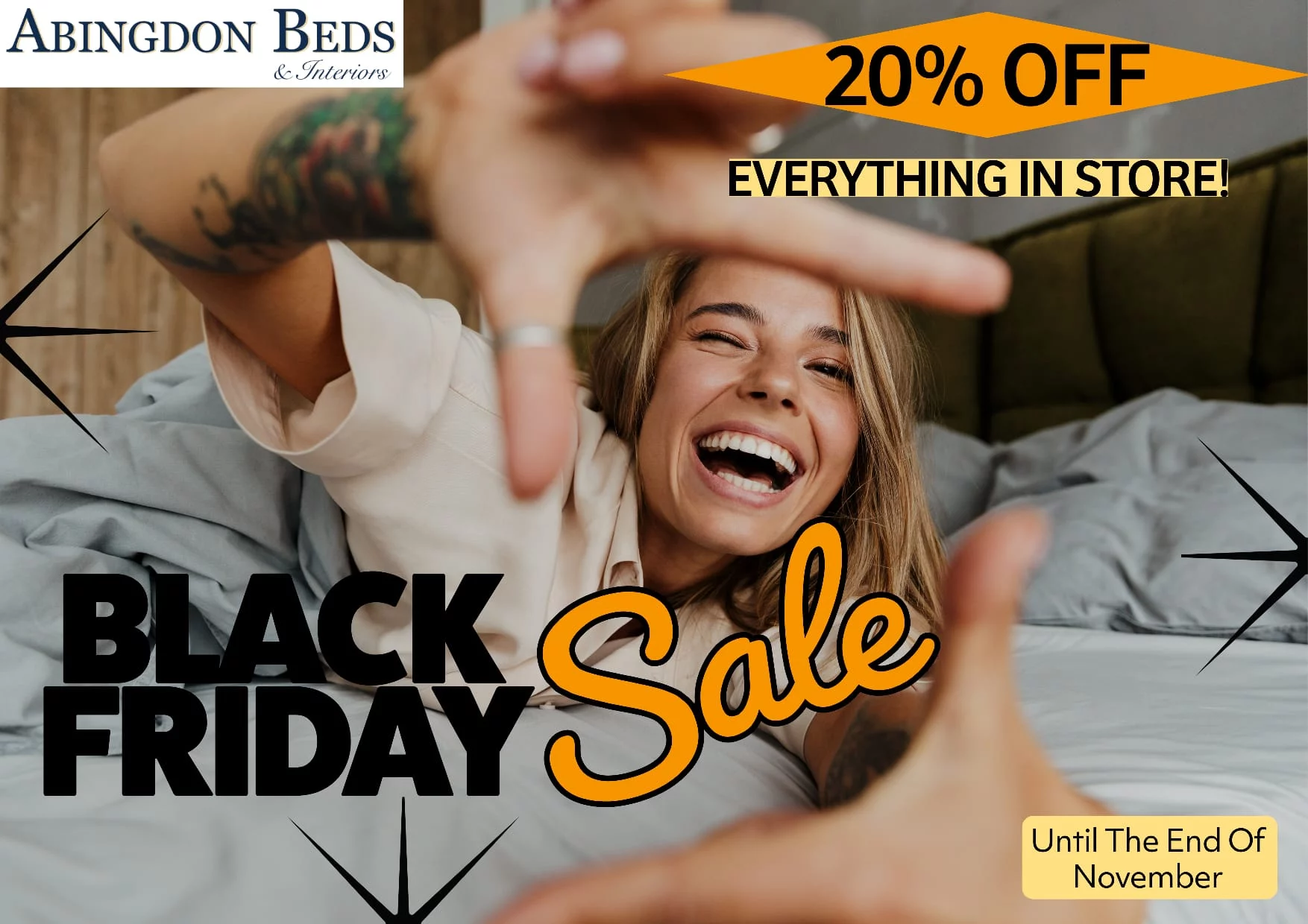 Black Friday sale banner with smiling lady holding up fingers